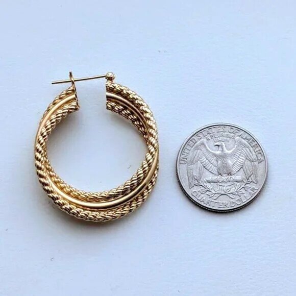 Vintage LARGE 14K Yellow Gold Twisted Rope Triple Circle Hoop Pierced Earrings - Picture 4 of 6